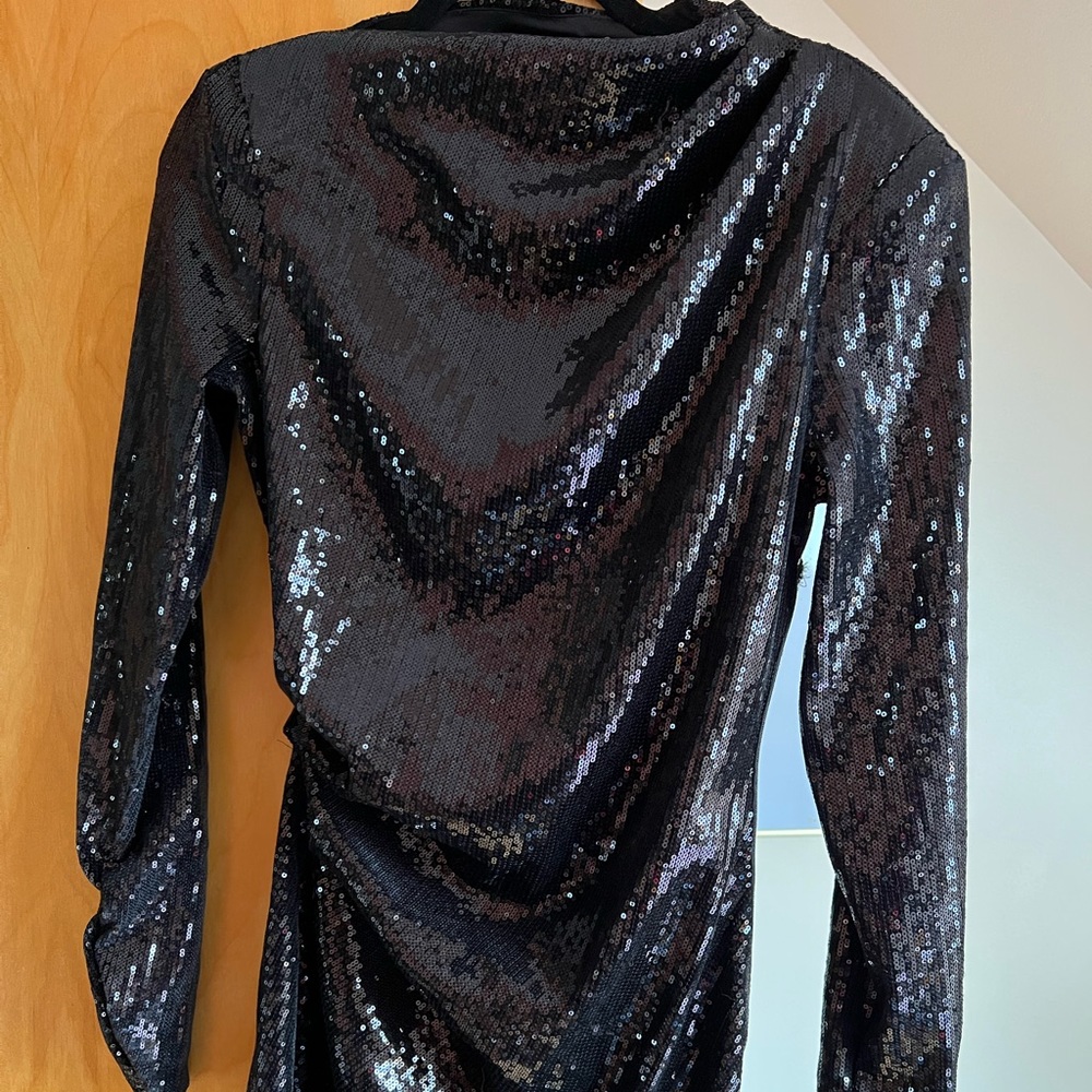 Zara black sequin long sleeve high neck midi side ruched dress size M